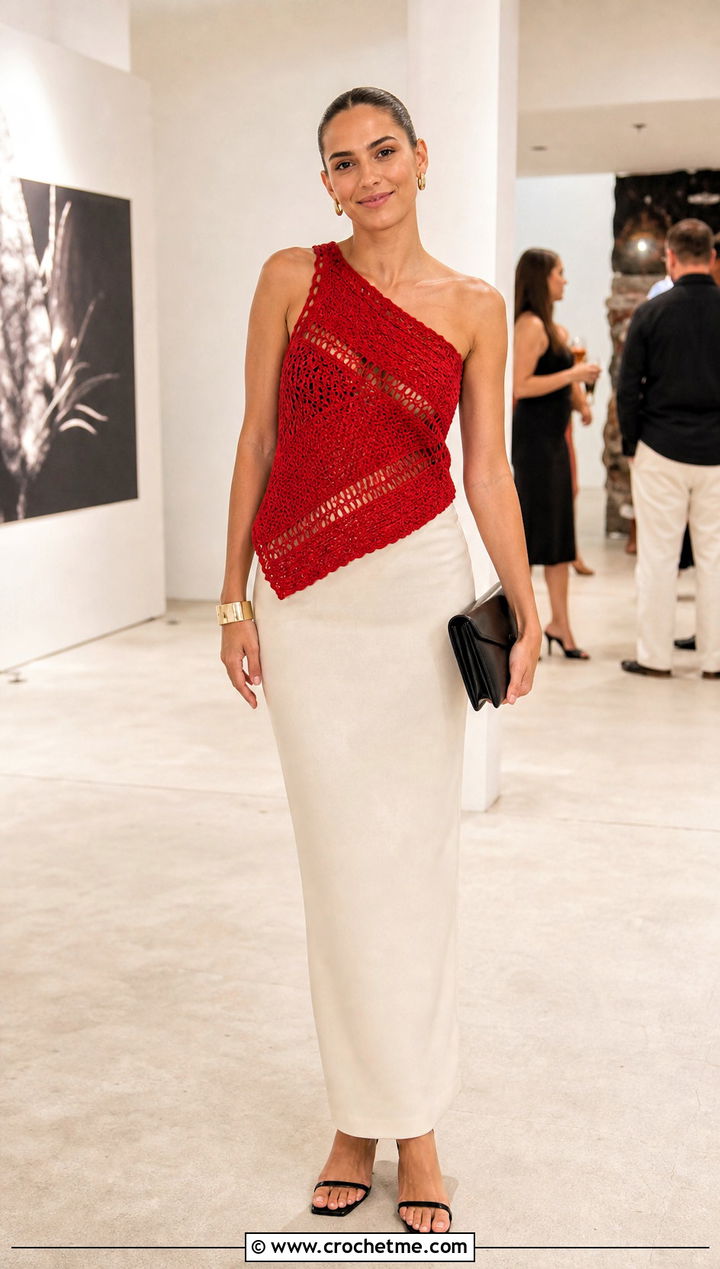 One Shoulder Crochet Top With Column Skirt - 35 crochet simple top outfit ideas