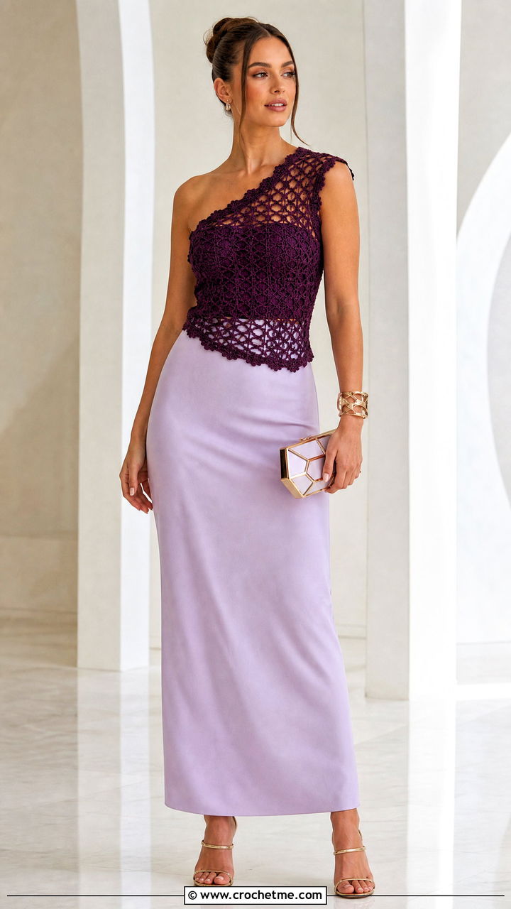 One Shoulder Crochet Top With Column Skirt - 35 crochet tops for women outfit ideas