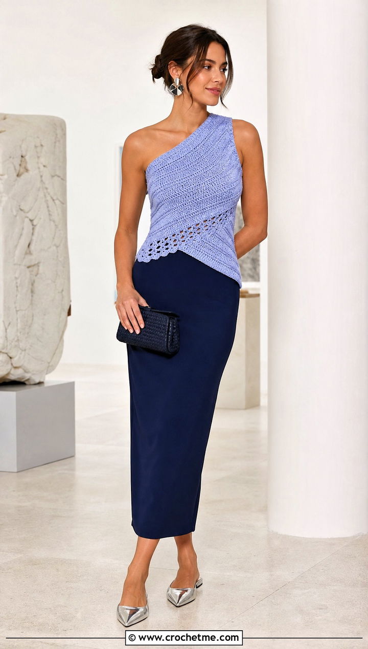 One Shoulder Crochet Top With Column Skirt - 30 form crochet top outfit ideas