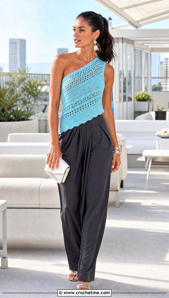 One Shoulder Crochet Top With Draped Pants - 35 aesthetic crochet summer tops outfit ideas
