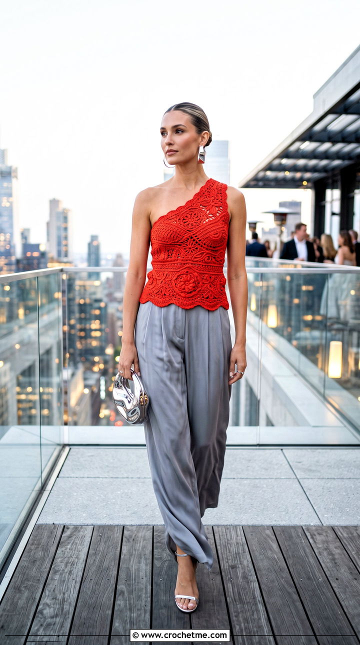 One Shoulder Crochet Top With Draped Trousers - 35 crochet tops ideas
