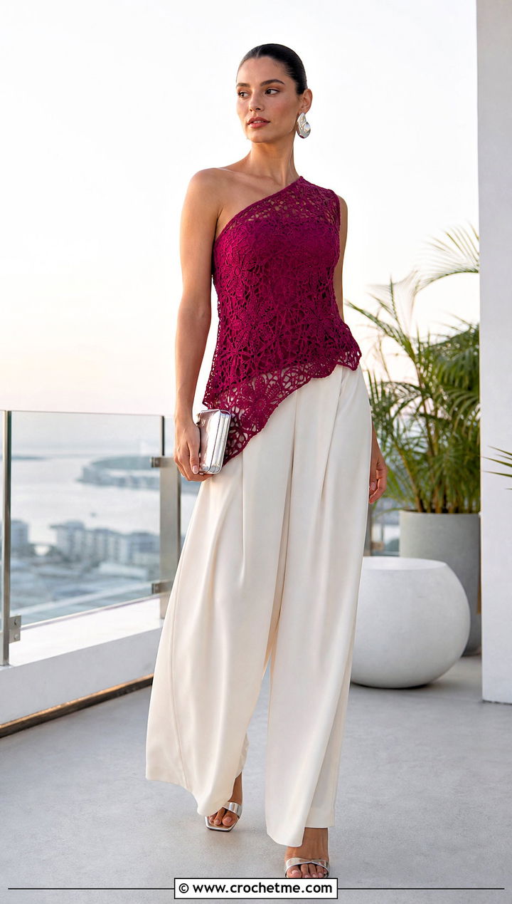 One Shoulder Crochet Top With Palazzo Pants - 35 lacy crochet top outfit ideas