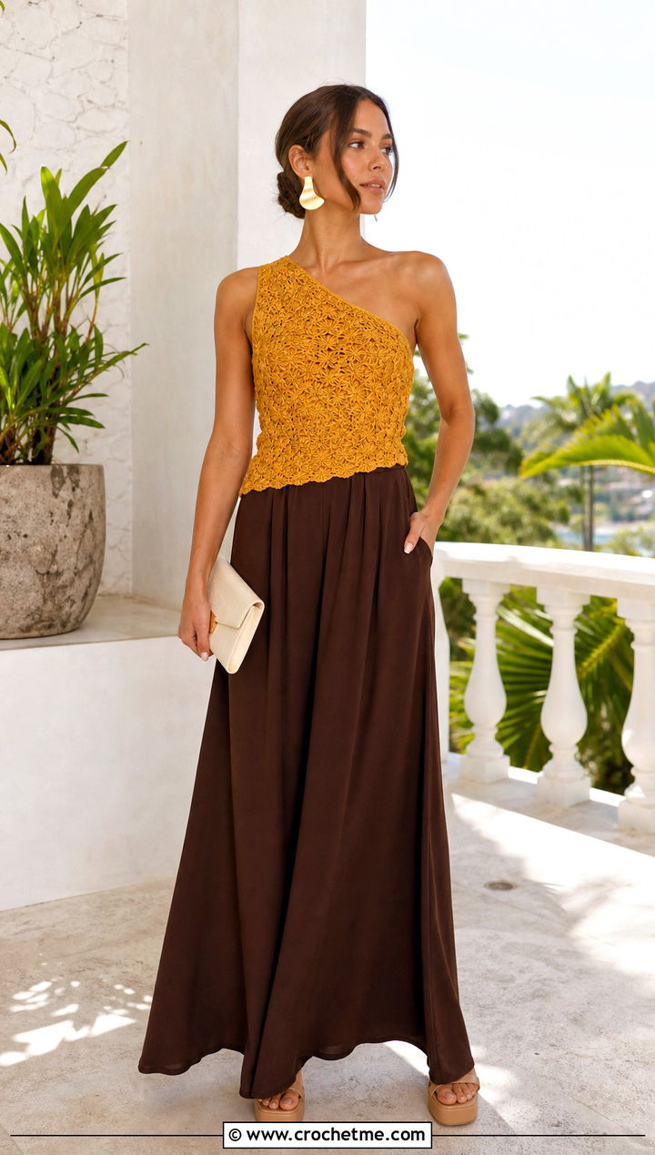 One Shoulder Crochet Top With Palazzo Pants - 30 diy crochet top outfit ideas