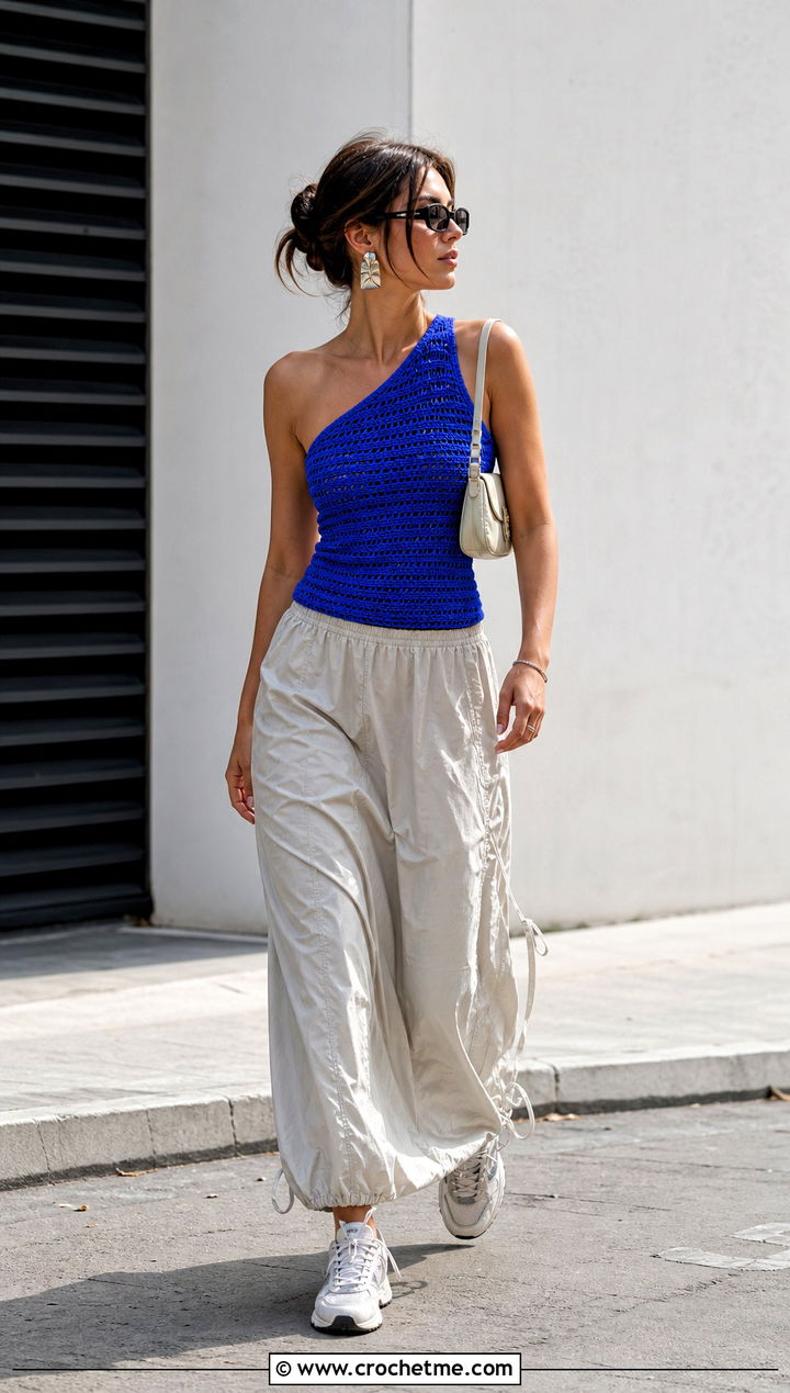 One Shoulder Crochet Top With Parachute Skirt - 25 Y2K Crochet Top outfit ideas