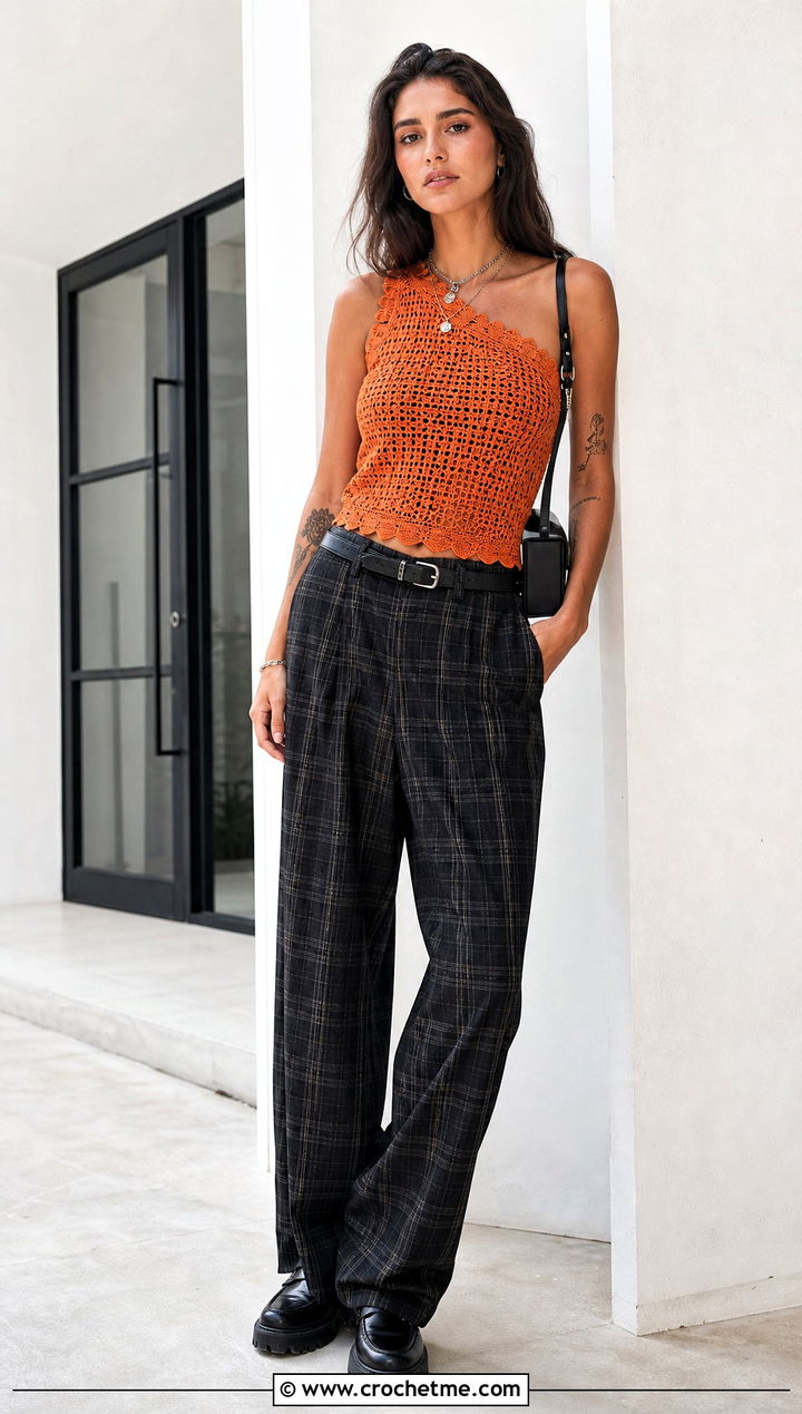 One Shoulder Crochet Top With Plaid Trousers - 35 grunge crochet top outfit ideas