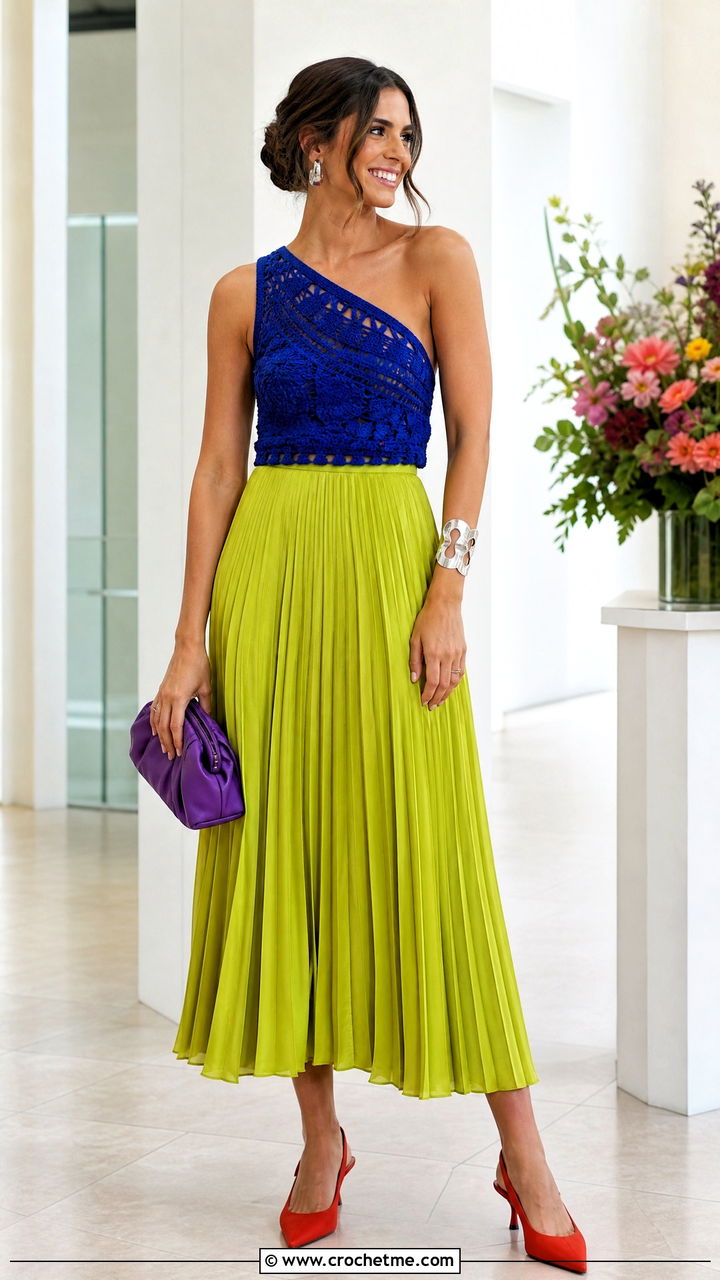 One Shoulder Crochet Top With Pleated Midi Skirt - 35 crochet ladies tops outfit ideas