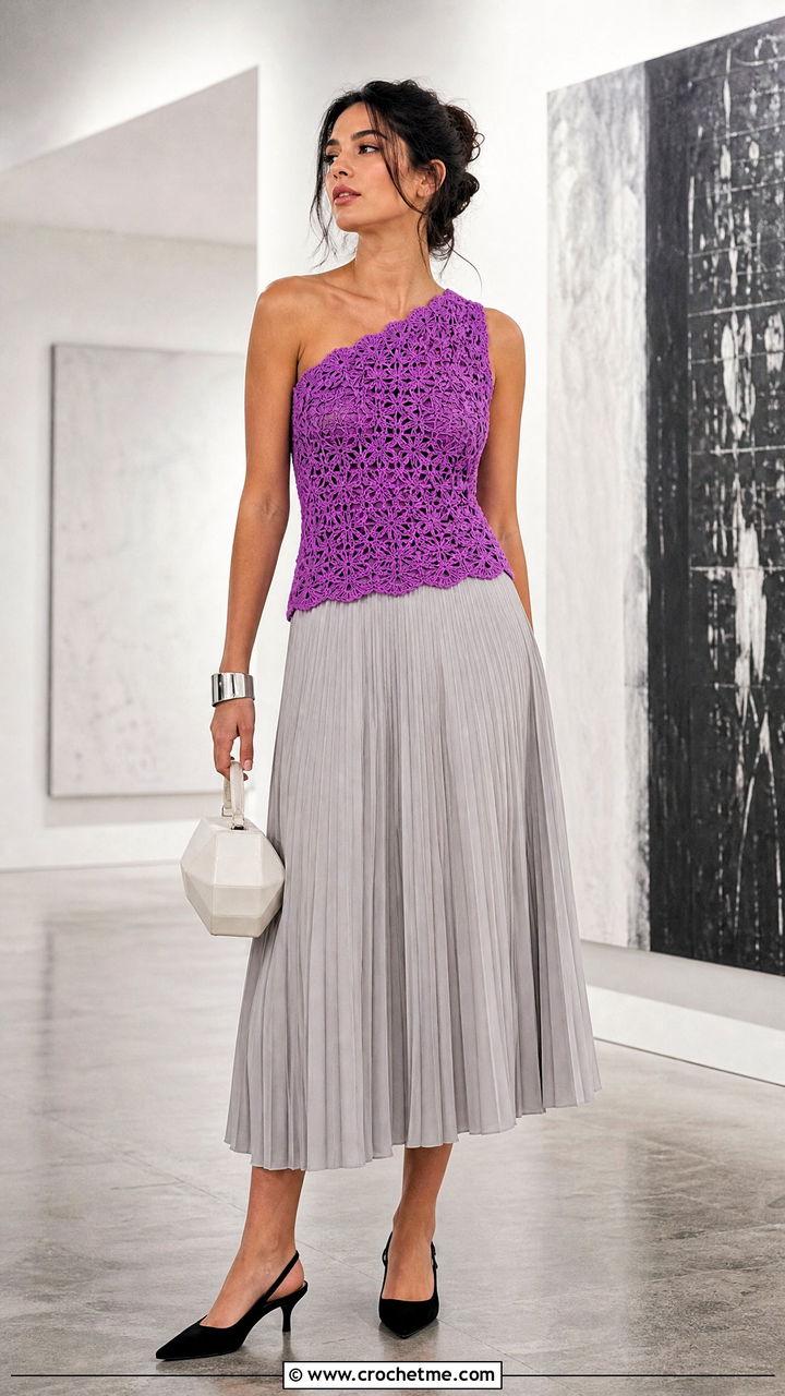 One Shoulder Crochet Top With Pleated Skirt - 35 boho crochet tops outfit ideas
