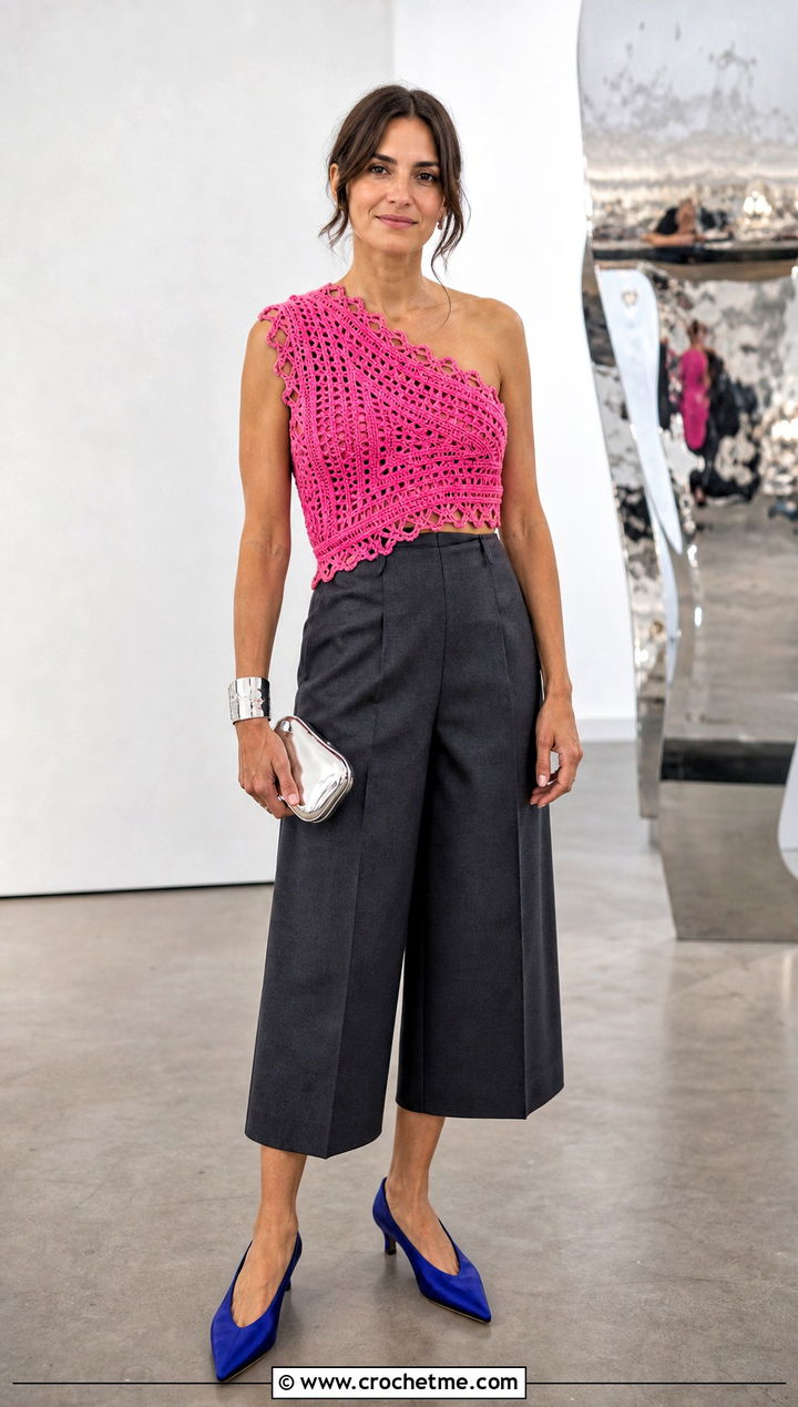 One Shoulder Crochet Top With Tailored Culottes - 35 crochet womens tops outfit ideas