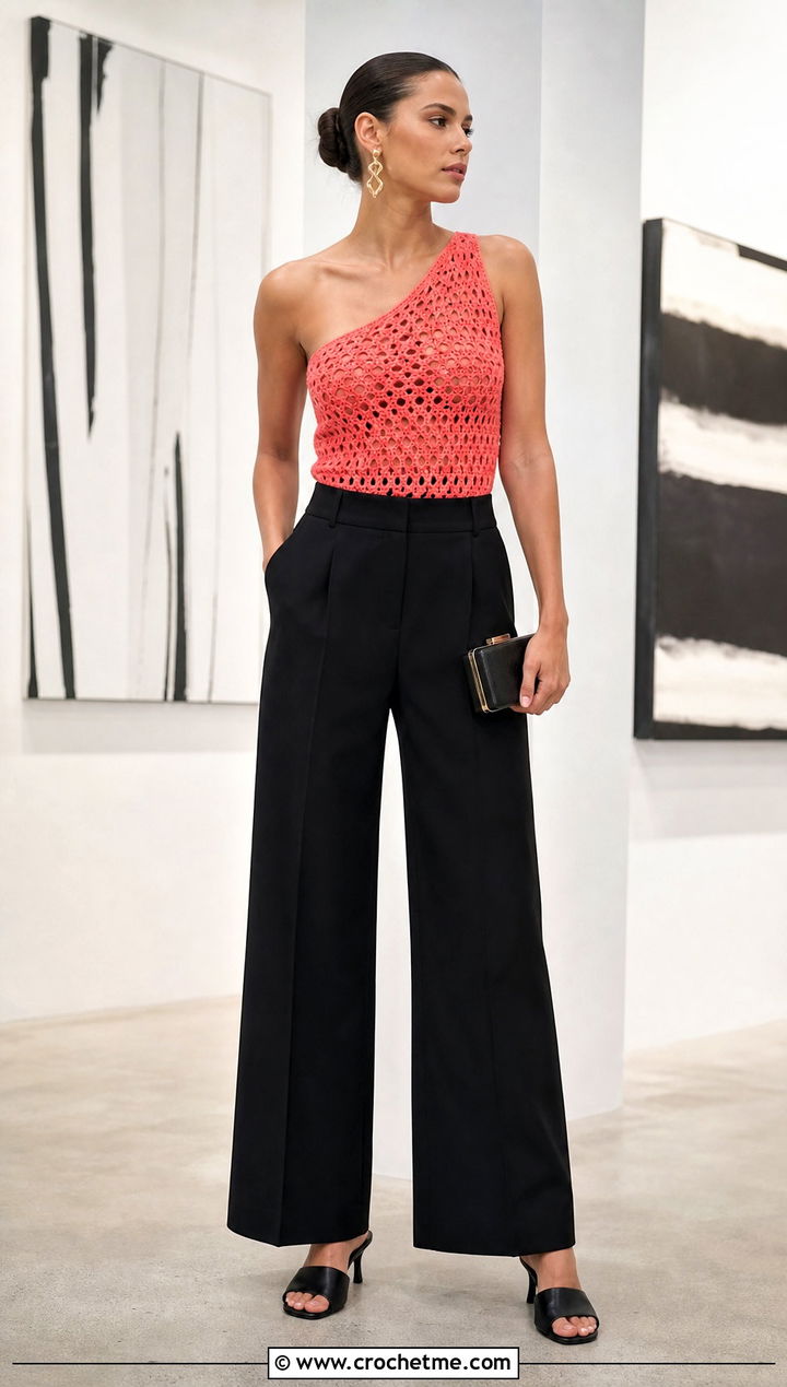 One Shoulder Crochet Top With Tailored Jumpsuit Pants - 20 Crochet Holey Top outfit ideas