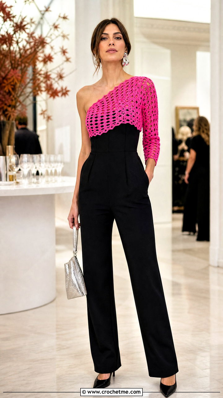 One Shoulder Crochet Top With Tailored Jumpsuit Pants - 35 crochet fall top outfit ideas