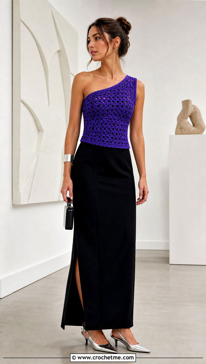 One Shoulder Crochet Top With Tailored Maxi Skirt - 25 Spring Crochet Tops outfit ideas