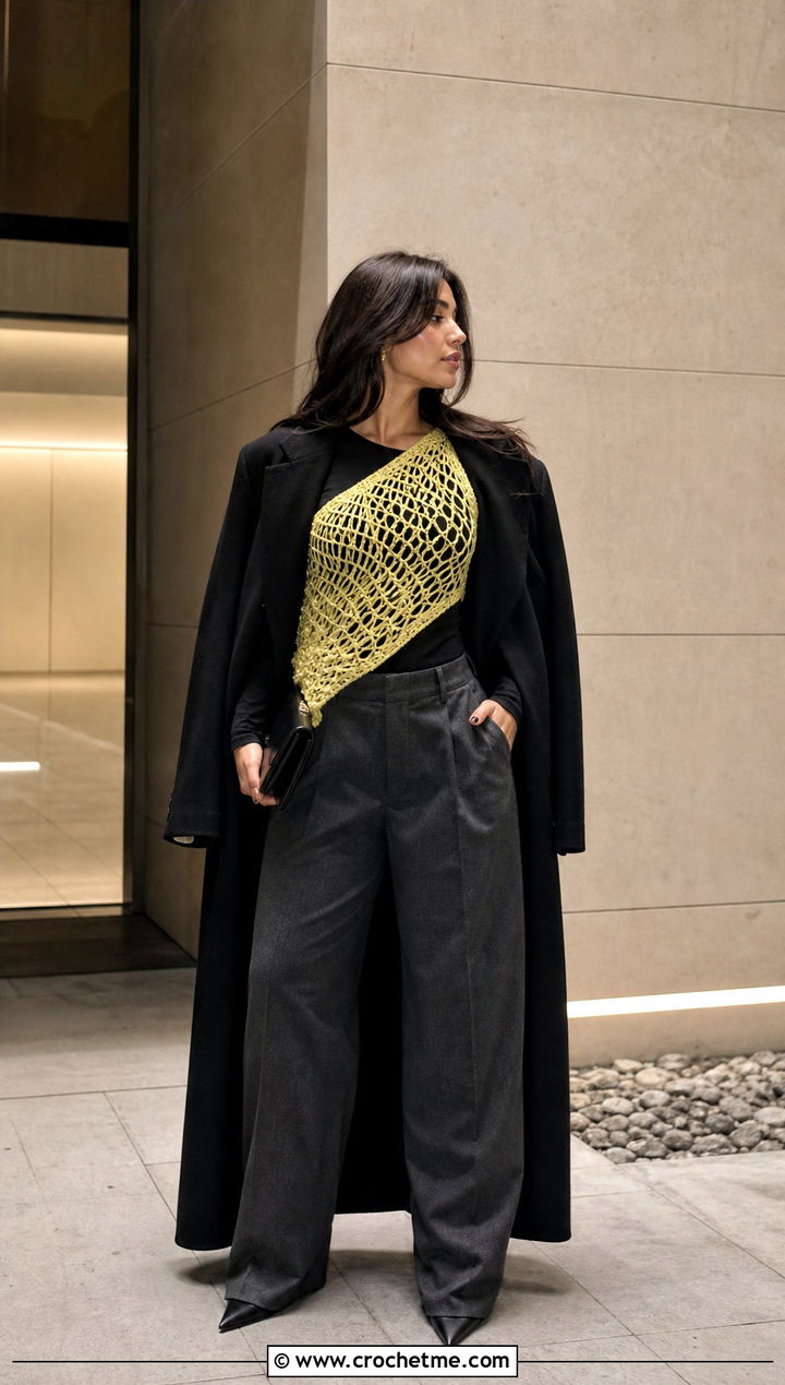 One Shoulder Crochet Top With Tailored Trousers - 35 winter crochet top outfit ideas