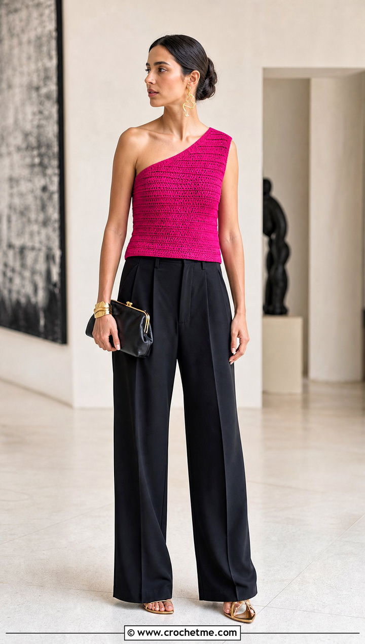 One Shoulder Crochet Top With Tailored Trousers - 30 easy tops to crochet outfit ideas