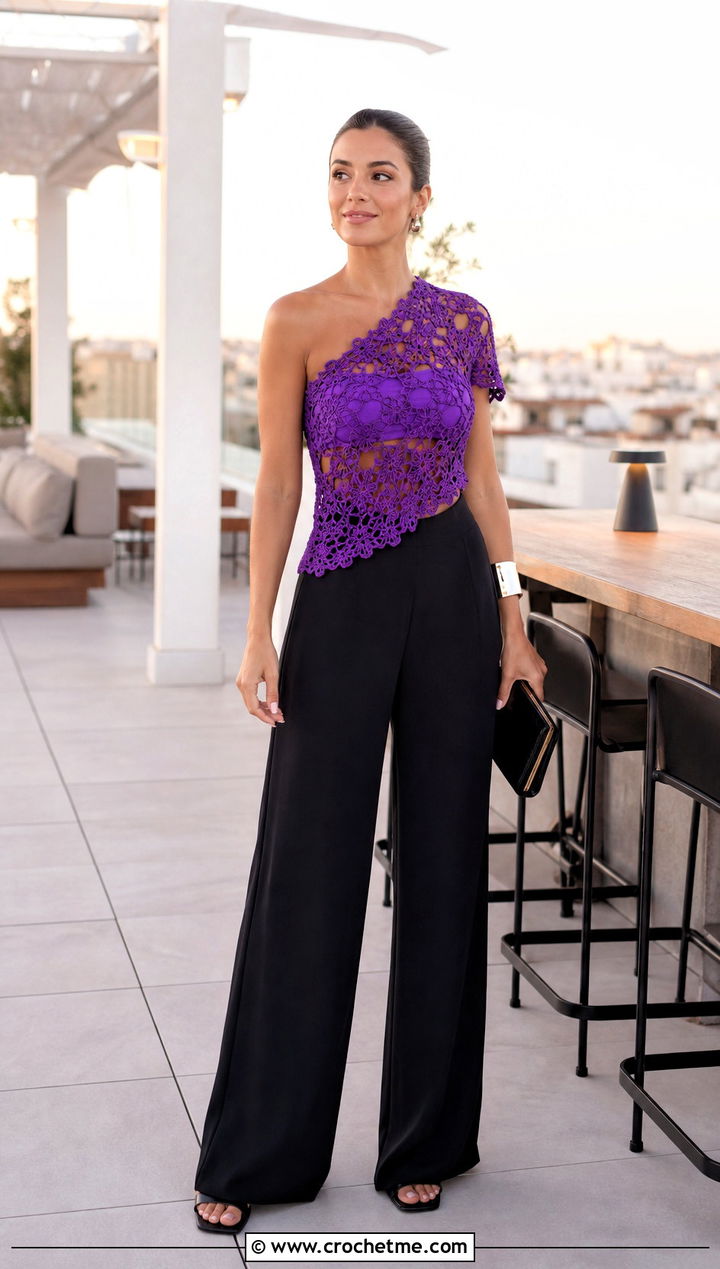 One Shoulder Crochet Top With Wide Leg Pants - 15 crochet top with openwork outfit ideas