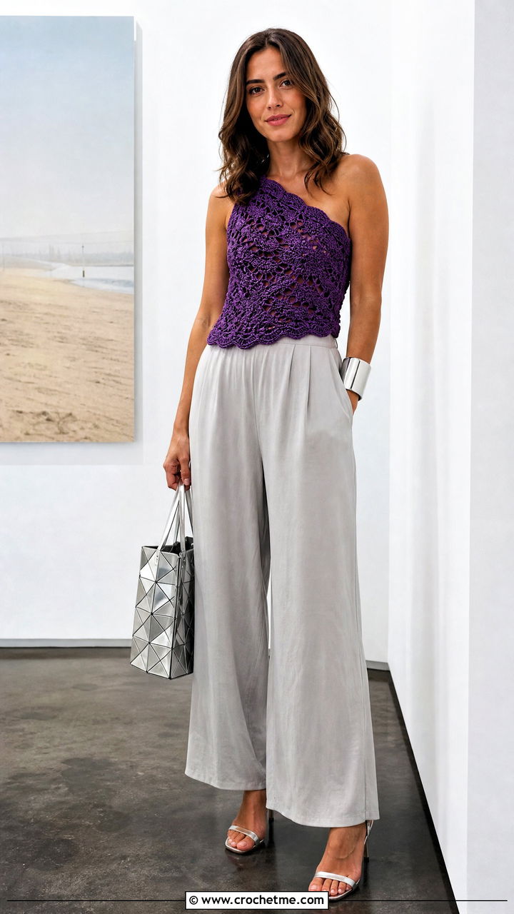 One Shoulder Crochet Top With Wide Leg Pants - 35 easy crochet summer tops outfit ideas