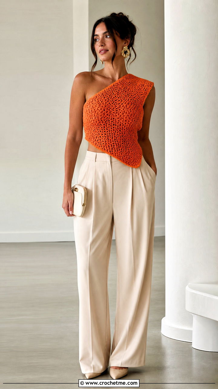 One Shoulder Crochet Towel Top With Pleated Pants - 35 crochet towel tops outfit ideas