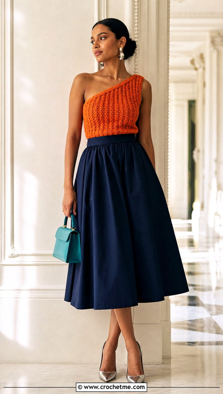 One Shoulder Crochet Wool Top With Full Midi Skirt - 35 crochet wool top outfit ideas