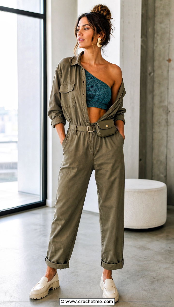 One Shoulder Crocheted Bralette With Utility Jumpsuit - 20 crocheted bralette outfit ideas