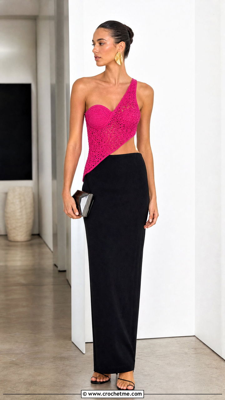 One Shoulder Cup Crochet Top With Column Skirt - 35 crochet cup top outfit ideas