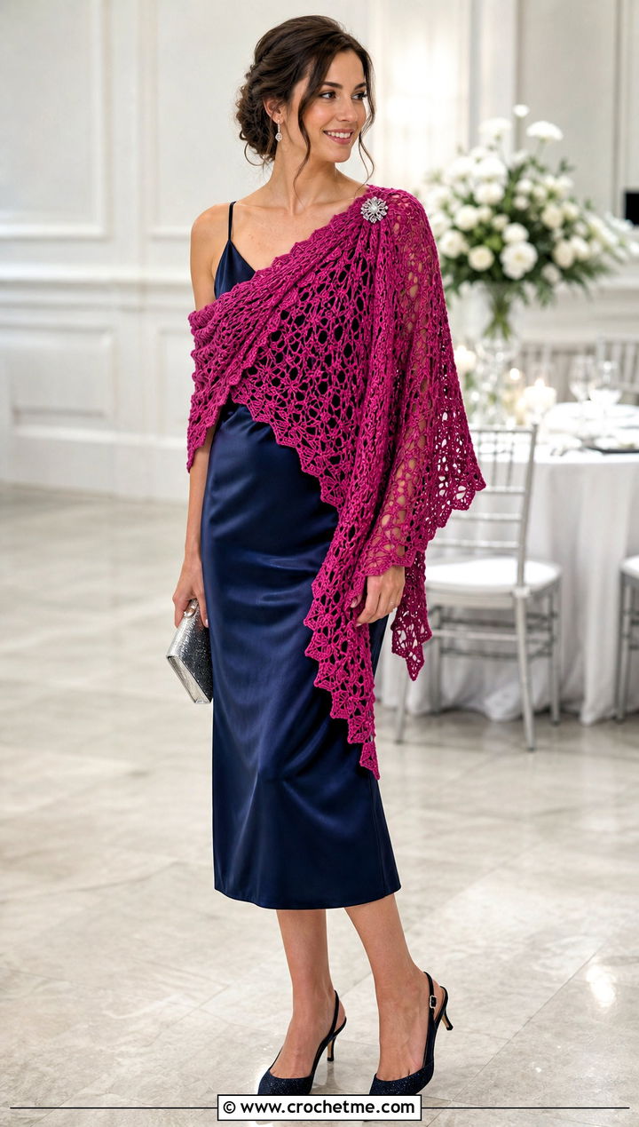 One Shoulder Fall River Crochet Shawl With a Satin Slip Dress - 25 Fall River Crochet Shawl outfit ideas