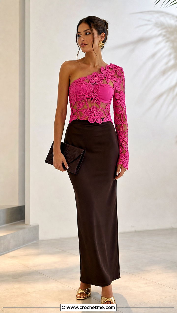 One Shoulder Flower Mesh Crochet Top With Maxi Skirt - 25 mesh flower crochet top outfit ideas