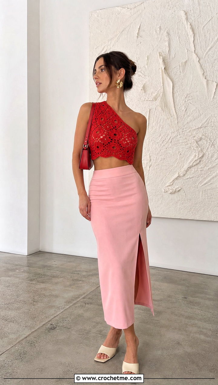 One Shoulder Granny Crop Top With Column Skirt - 25 Crochet Granny Crop Top outfit ideas