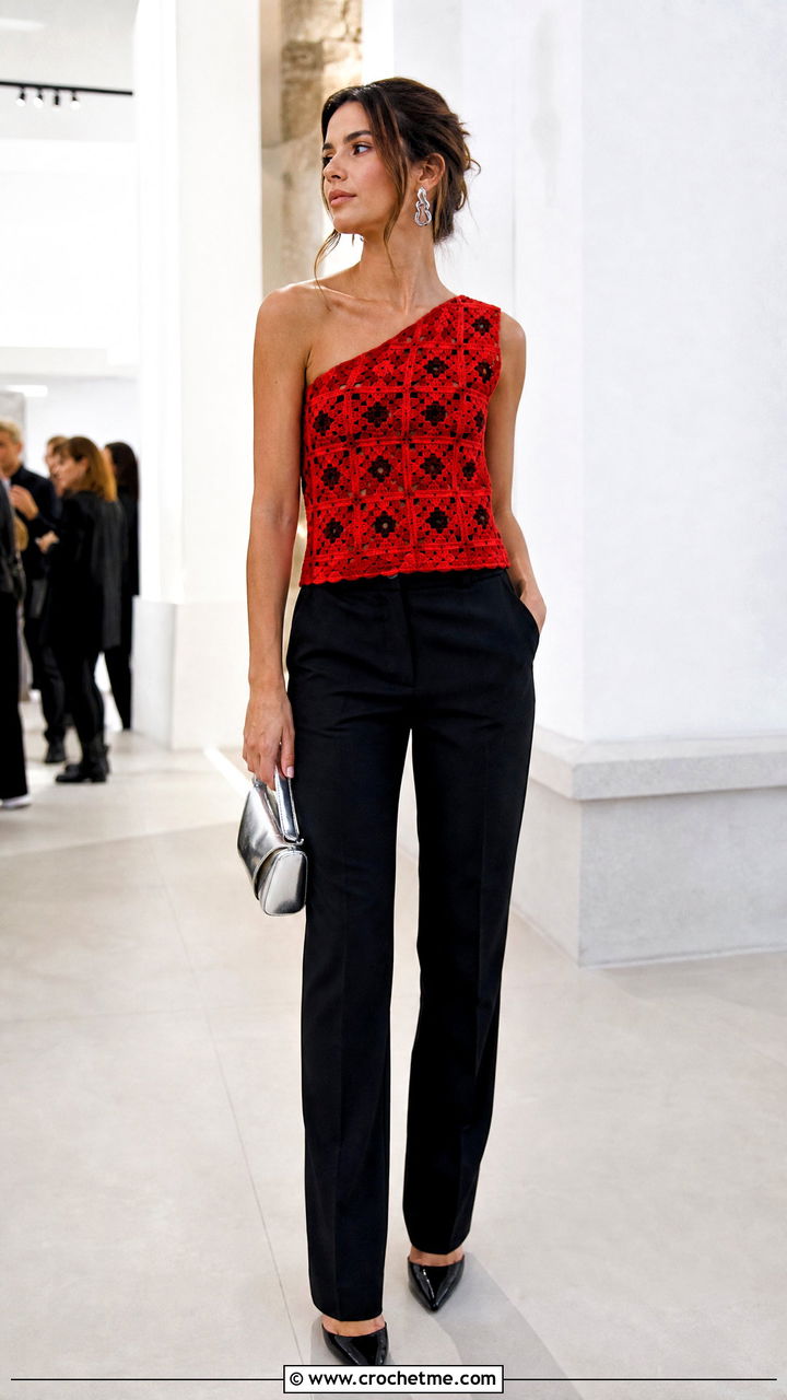 One Shoulder Granny Square Top With Black Trousers - 35 granny square tops outfit ideas