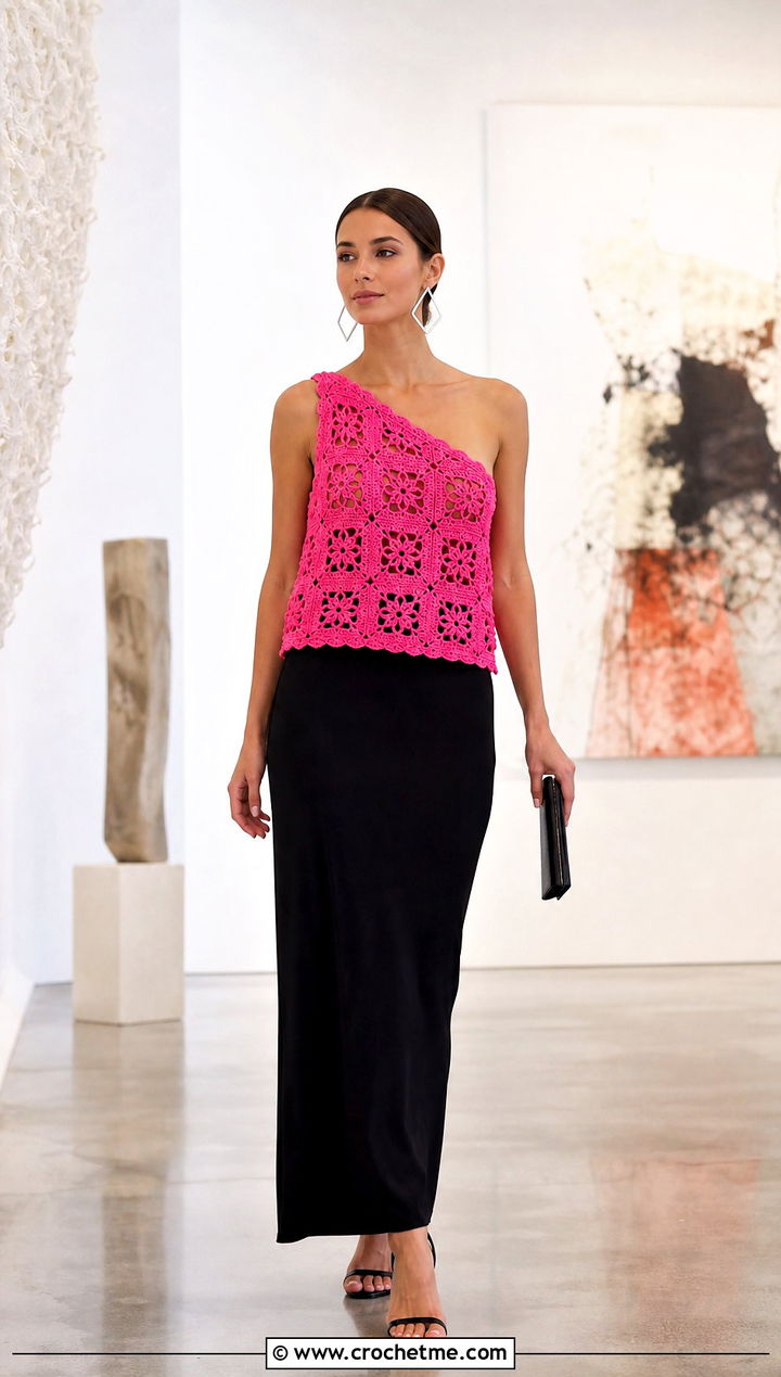 One Shoulder Granny Square Top With Column Skirt - 35 granny square crochet top outfit ideas