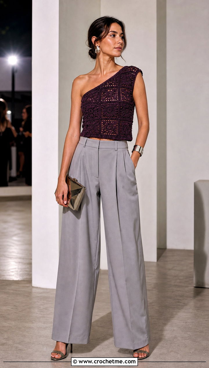 One Shoulder Granny Square Top With Pleated Trousers - 20 Crochet Granny Square Tops For Women outfit ideas