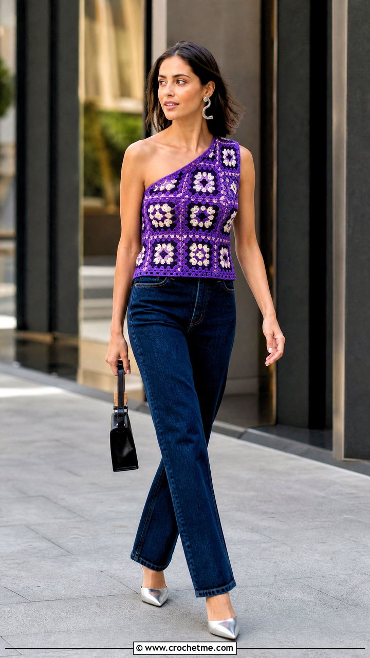 One Shoulder Granny Square Top With Straight Jeans - 35 crochet granny square top outfit ideas