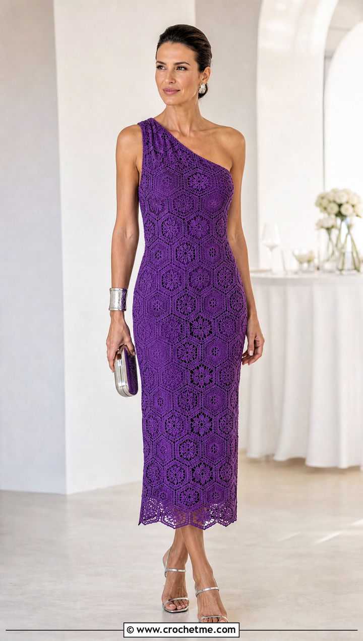 One Shoulder Hexagon Crochet Dress With Metallic Sandals - 25 hexagon crochet dress outfit ideas