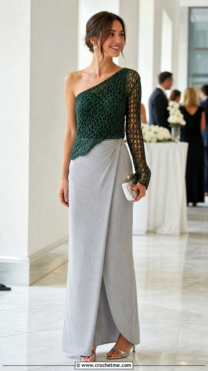 One Shoulder Net Top With Tailored Maxi Skirt - 35 crochet net top outfit ideas