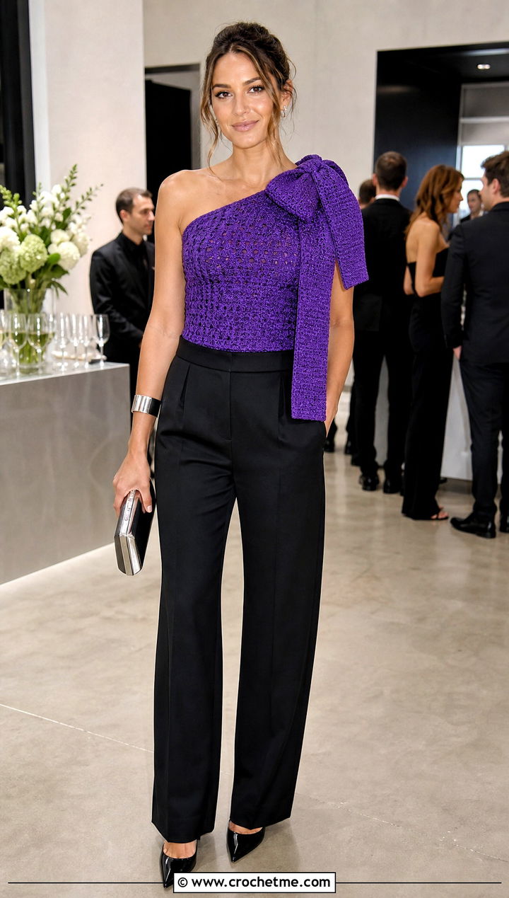 One Shoulder Ribbon Bow Crochet Top With Tuxedo Pants - 35 crochet top with ribbon outfit ideas