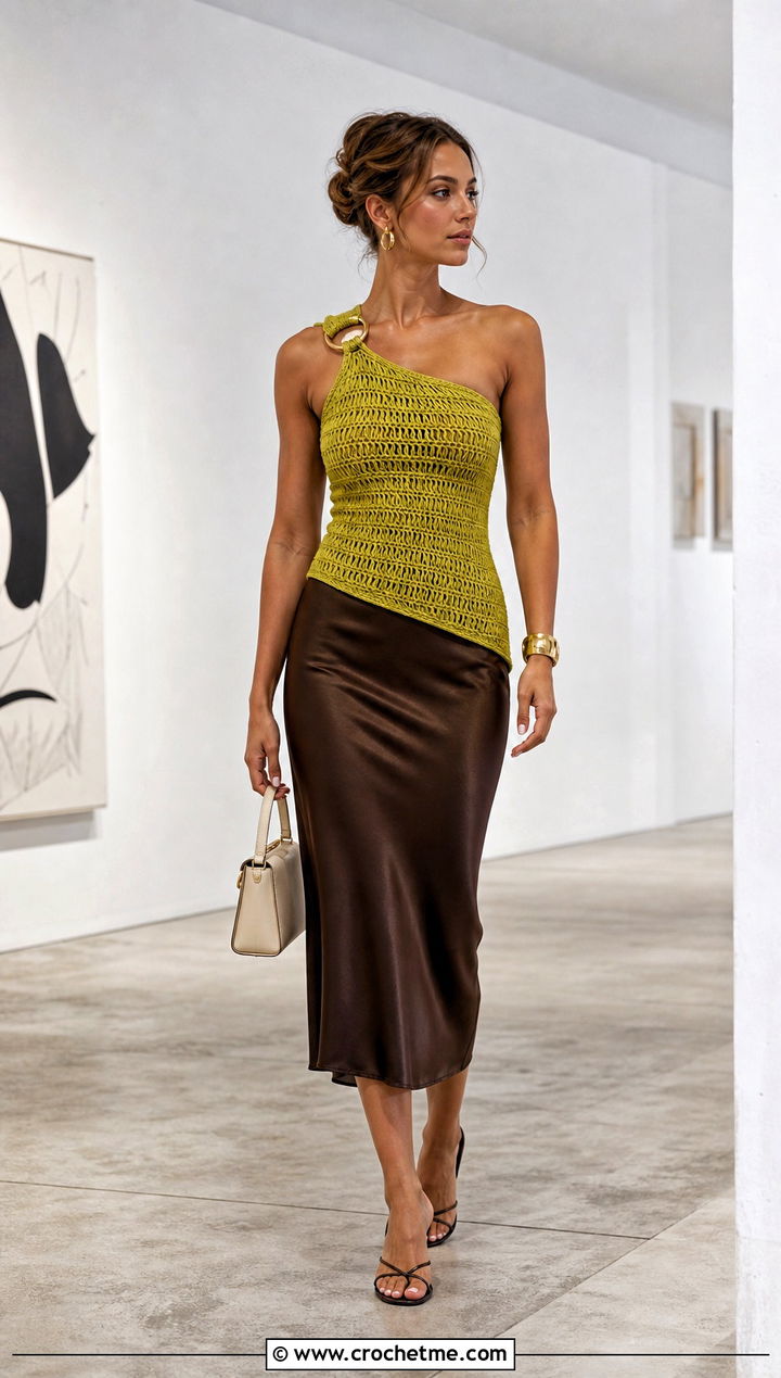 One Shoulder Ring Crochet Top With Satin Midi Skirt - 25 Crochet Top With Metal Ring outfit ideas