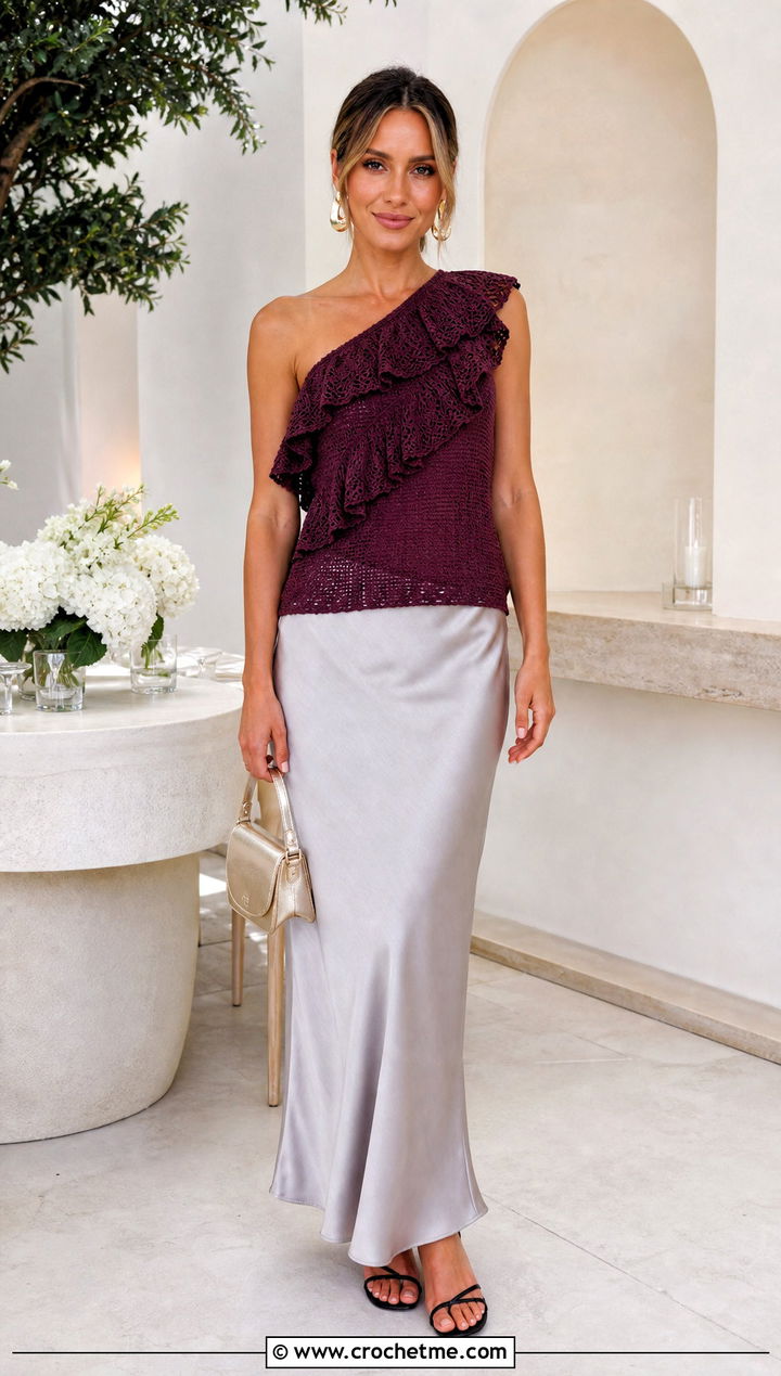 One Shoulder Ruffled Crochet Top With Satin Maxi Skirt - 25 ruffled crochet top outfit ideas