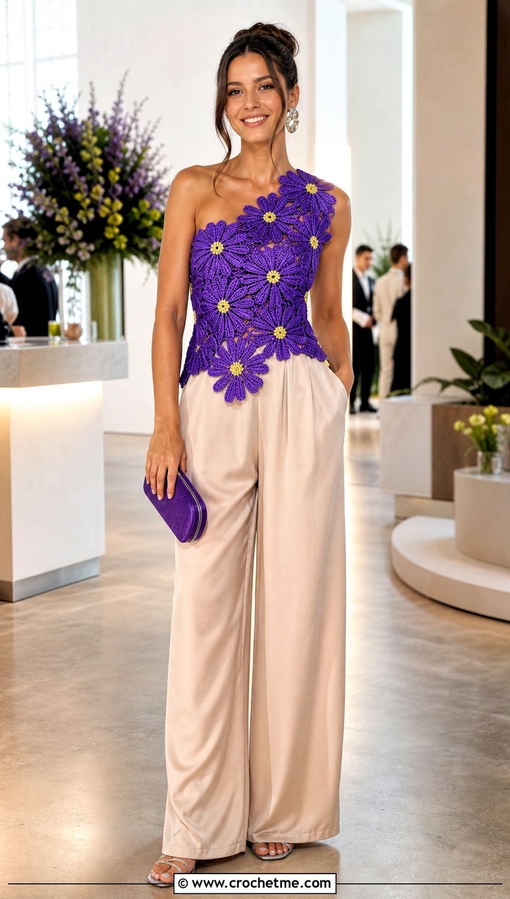 One Shoulder Sunflower Top With Satin Trousers - 35 crochet sunflower top outfit ideas