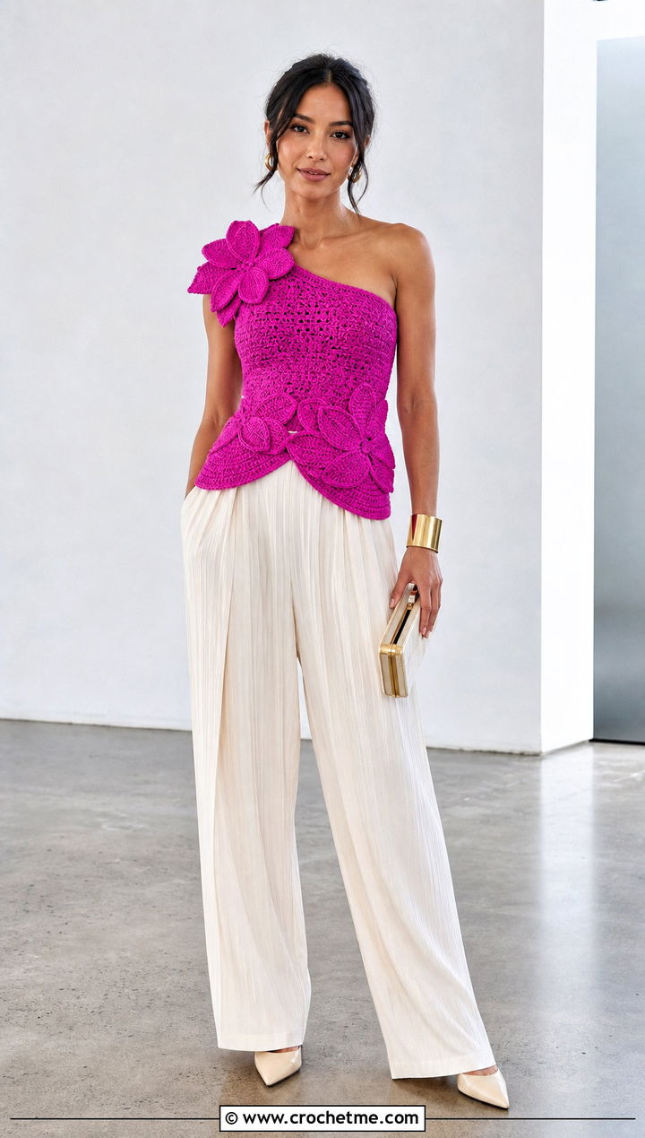 One Shoulder Tulip Crochet Top With Pleated Pants - 30 crochet tulip top outfit ideas