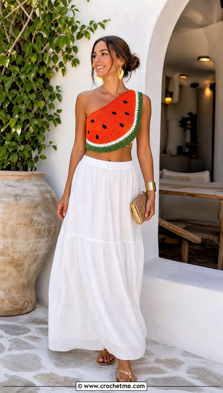 One Shoulder Watermelon Crochet Top With Maxi Skirt - 30 watermelon crochet top outfit ideas