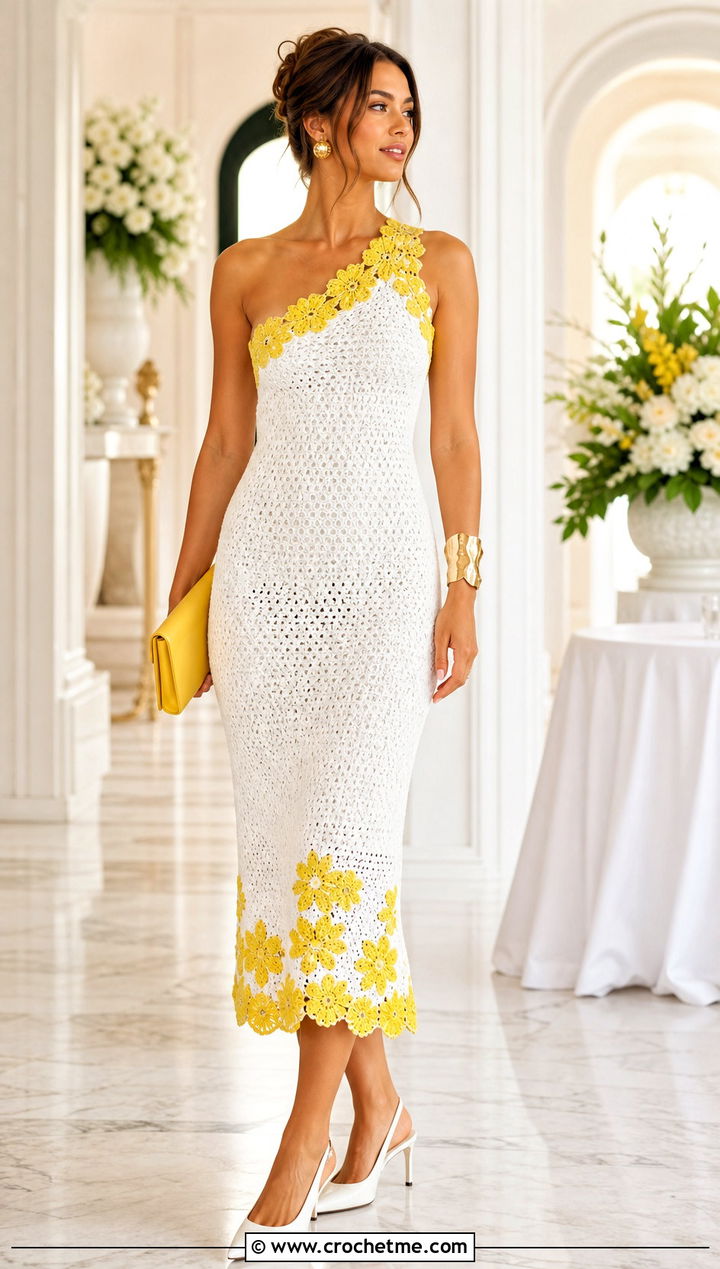 One Shoulder White Crochet Midi Dress With Slingback Heels - 20 White Crochet Midi Dress outfit ideas