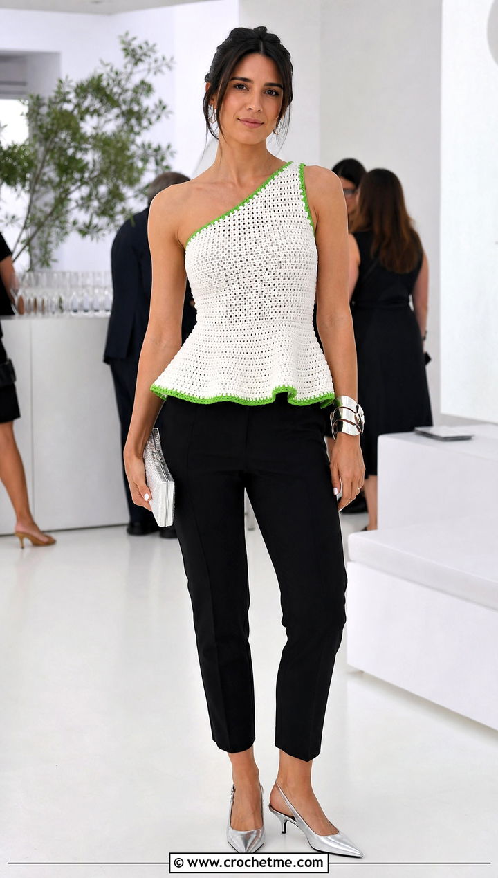 One Shoulder White Crochet Peplum Top With Tailored Pants - 15 White Crochet Peplum Top outfit ideas