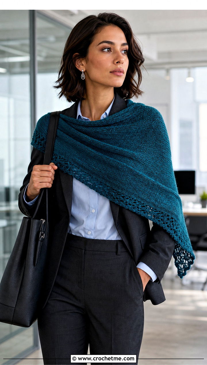 One Skein Asymmetrical Shawl With Blazer And Trousers - 30 one skein crochet shawl outfit ideas