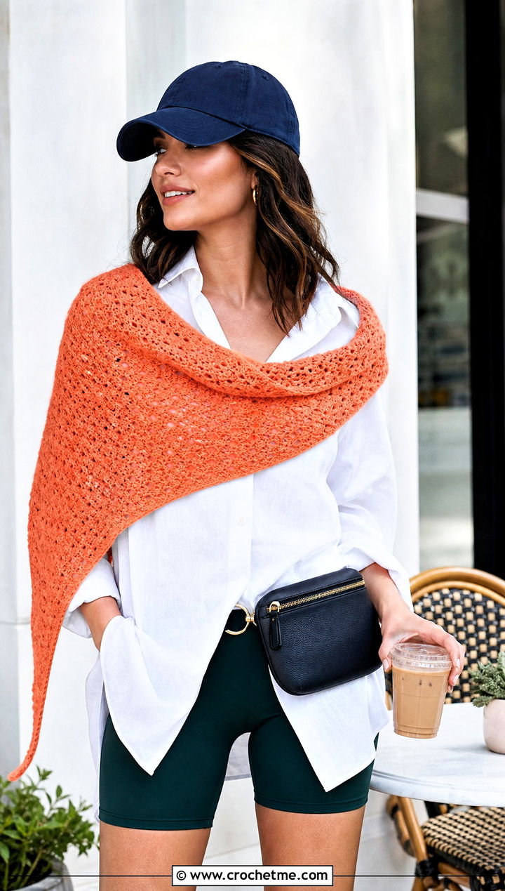 One Skein Boomerang Shawl With Biker Shorts - 30 one skein crochet shawl outfit ideas