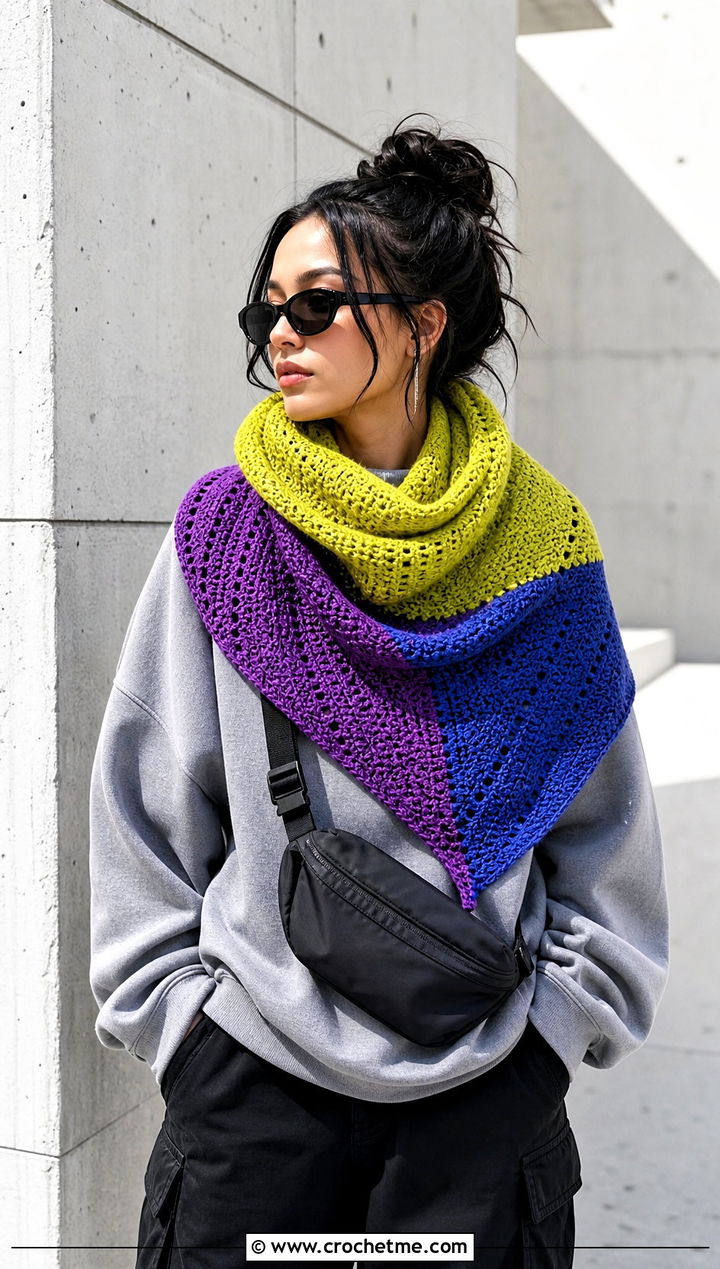 One Skein Color Block Triangle Shawl With Streetwear - 30 one skein crochet shawl outfit ideas