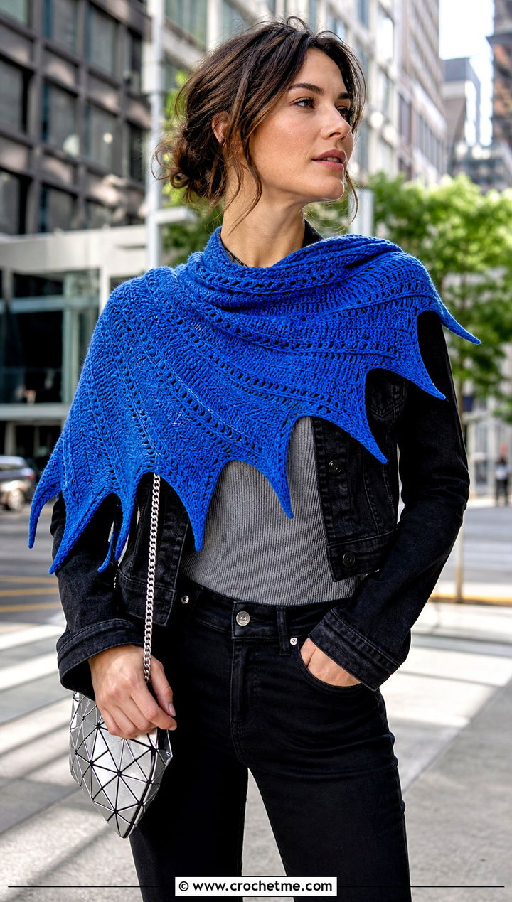 One Skein Dragon Wing Shawlette With Black Denim - 30 one skein crochet shawl outfit ideas