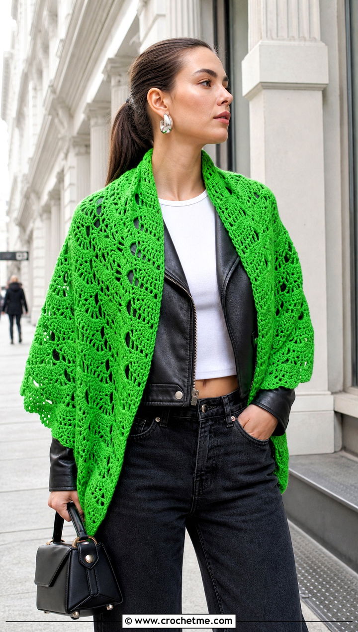 One Skein Fan Stitch Shawl With Leather Jacket - 30 one skein crochet shawl outfit ideas