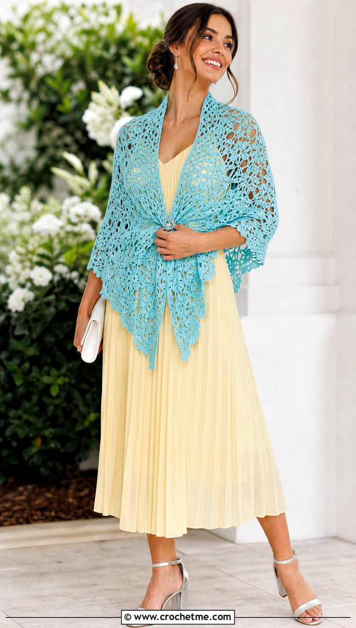 One Skein Floral Lace Shawlette With Pleated Dress - 30 one skein crochet shawl outfit ideas