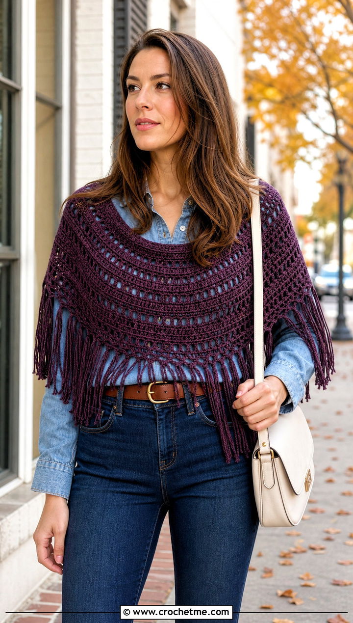 One Skein Fringe Crescent Shawl With Double Denim - 30 one skein crochet shawl outfit ideas
