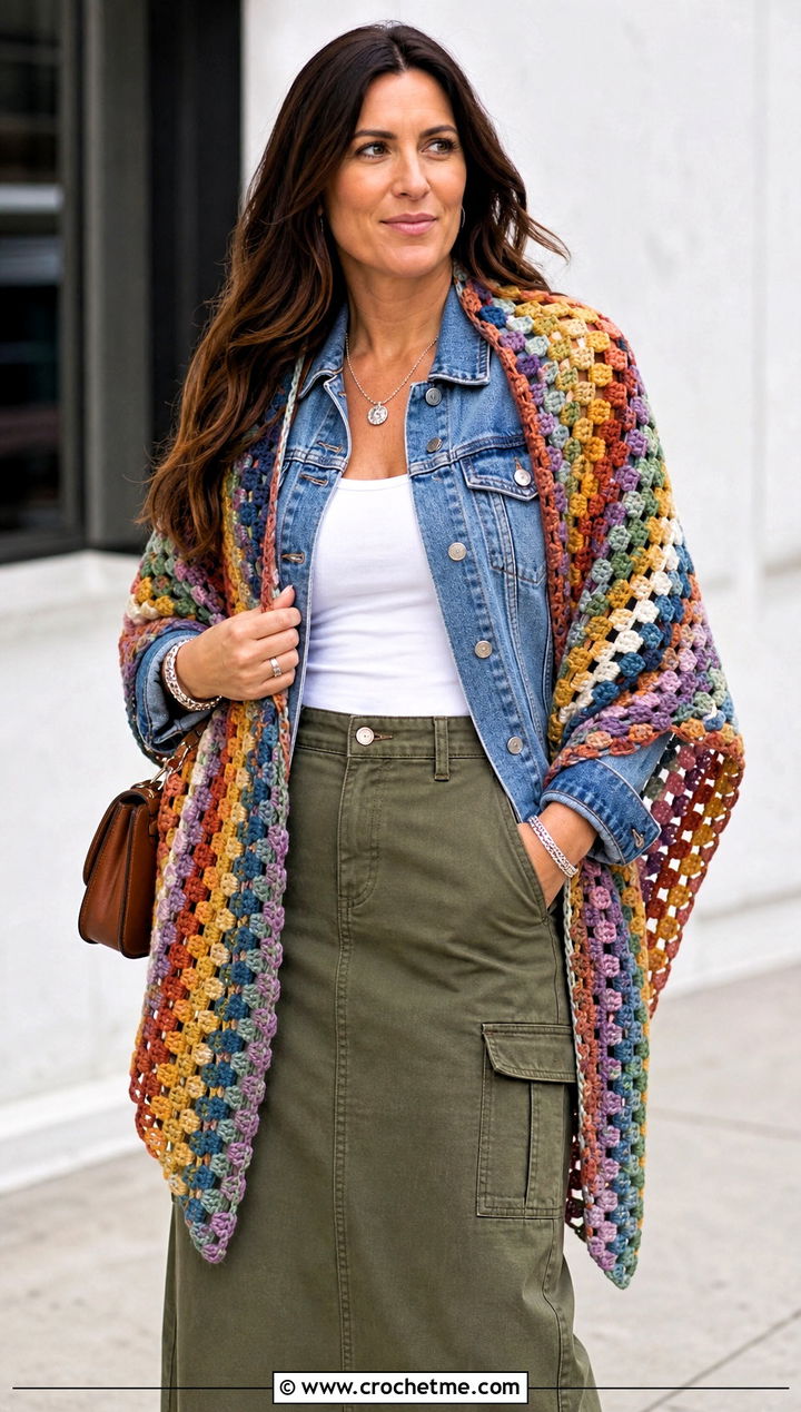 One Skein Granny Stitch Shawl With Denim Jacket - 30 one skein crochet shawl outfit ideas