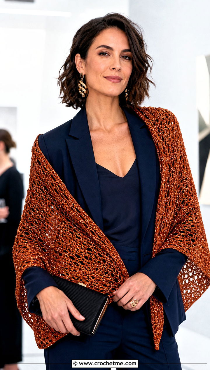 One Skein Metallic Thread Shawl With Tailored Suit - 30 one skein crochet shawl outfit ideas