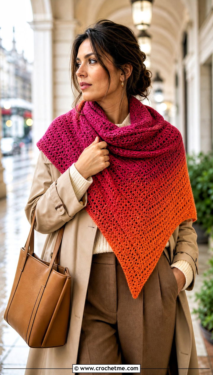 One Skein Ombre Triangle Shawl With Trench Coat - 30 one skein crochet shawl outfit ideas